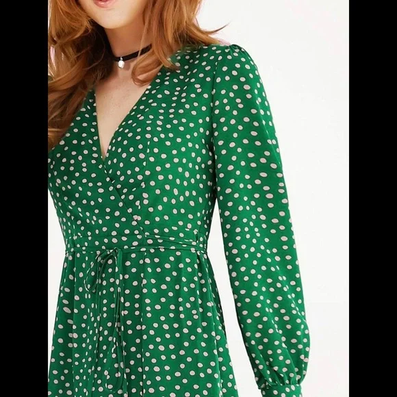 SHEIN x Madelaine Petsch Surplice Wrap Tie Waist Green Polka Dot Dress Size XS - Picture 4 of 14